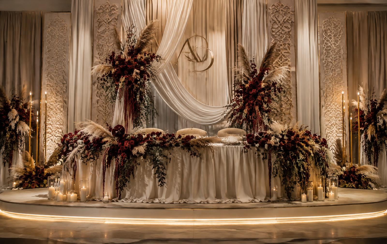 Presidium decoration with burgundy roses, pampas grass and ivory drapery